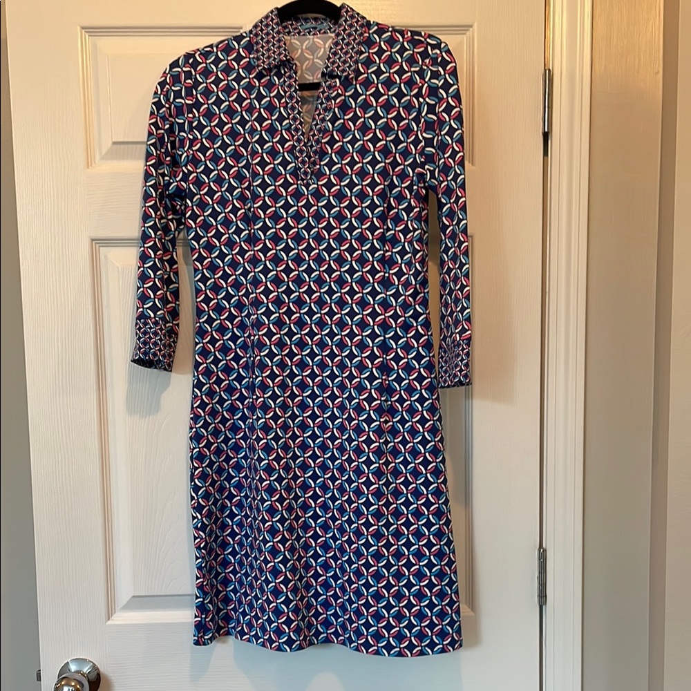J. McLaughlin Blue and Red Geometric Long Sleeve Dress